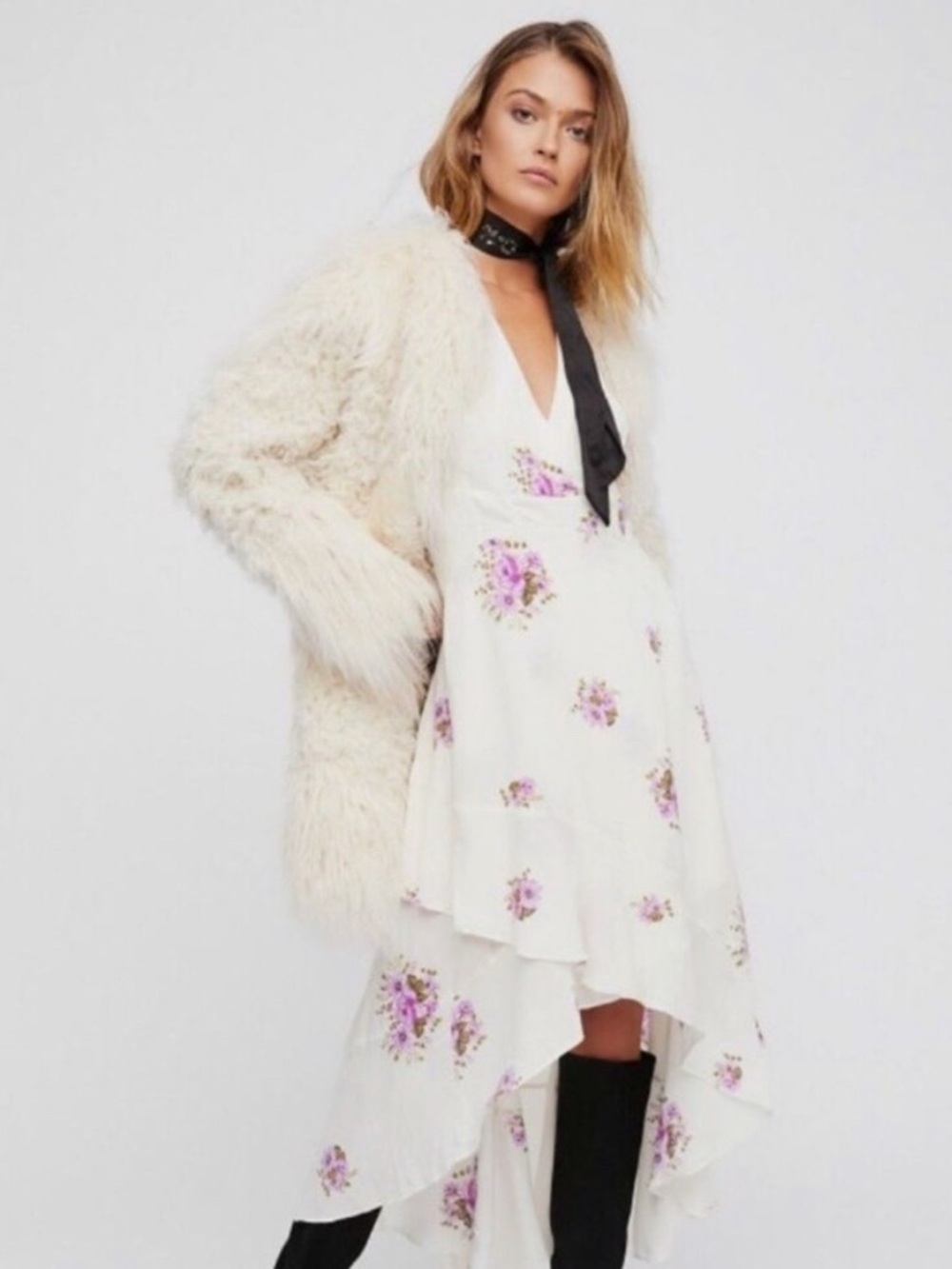 Free People Birdie Floral High-Low Midi Dress Feminine Boho Ivory Purple Size 8